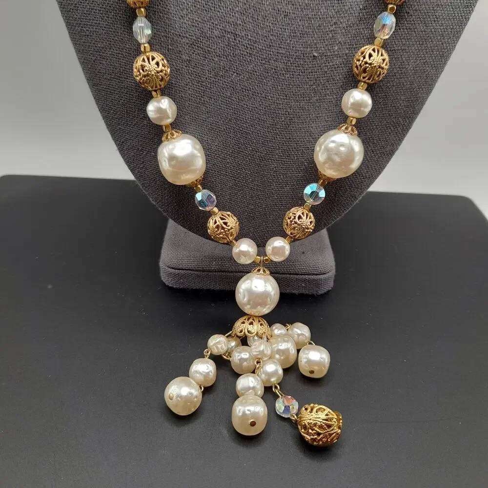 Vintage Faux Pearl Tassel Necklace, Aurora Borealis Crystals, 26